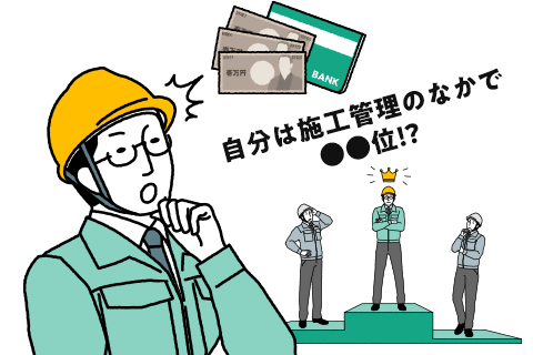 診断結果で自分の順位を見て驚く施工管理のイラスト